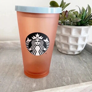 STARBUCKS Matte peach/Rose pink Floral Print Mermaid Logo Cold Cup TUMBLER 16 Oz